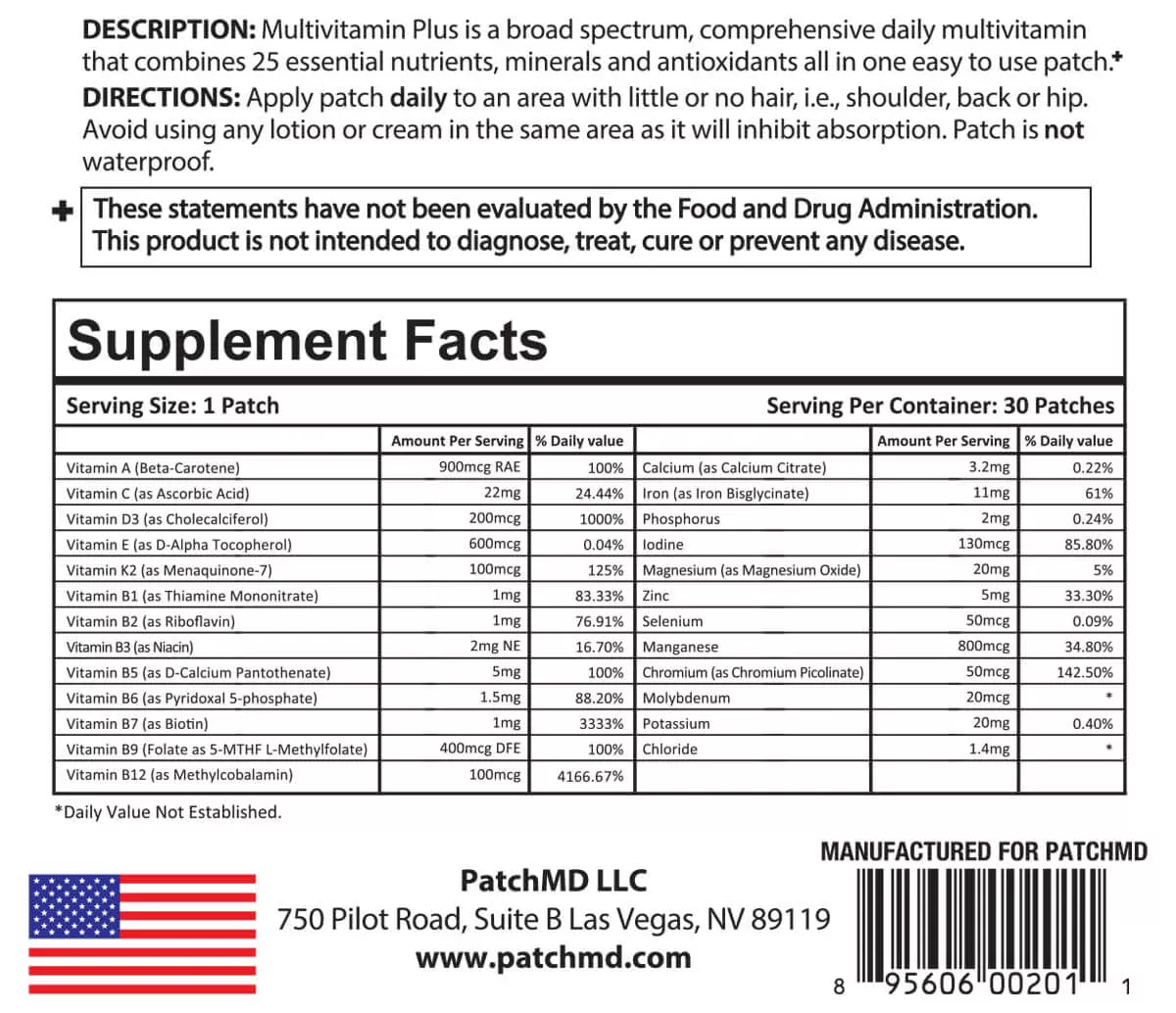 Multi Vitamin Patch Ingredients