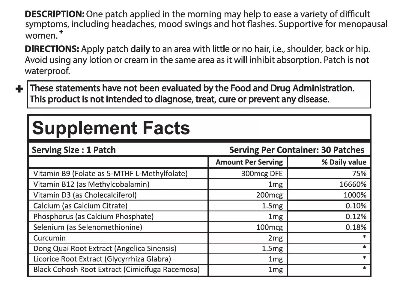 Menopause Day Patch Ingredients