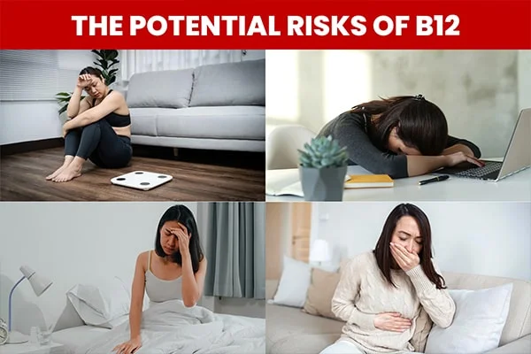 An image illustrating the potential risks of b12 weight loss including fatigue, dizziness, and nausea.