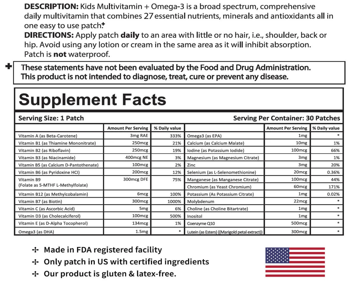 Kids Multivitamin Plus Topical Patch with Omega-3 by PatchAid Size