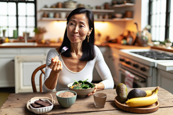 Visual representation for the article 'The Incredible Magnesium Benefits for Women: Boost Your Health and Well-being' on PatchMD - Vitamin Patches and Supplements. The image captures a woman experiencing relief from PMS symptoms after consuming magnesium-rich foods, emphasizing the significant benefits of magnesium for women's health