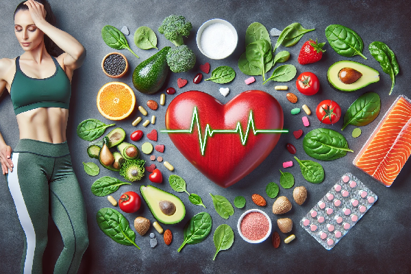 Heart-shaped symbol surrounded by various heart-healthy foods and supplements