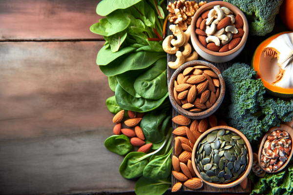 Various magnesium-rich foods including nuts, seeds, and leafy greens