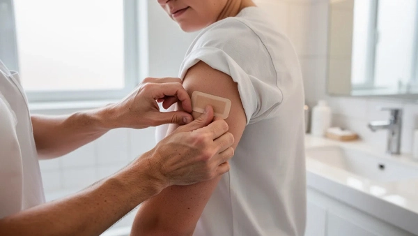 A person is applying a small adhesive weight loss patch to their upper arm in a bright bathroom, which may support healthy weight management and appetite control. The scene suggests a focus on personal health and wellness, possibly as part of a weight loss journey.