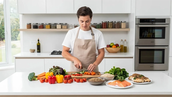 A person is in a modern kitchen, skillfully preparing a healthy meal that includes a variety of colorful vegetables and lean protein, emphasizing the importance of nutritious choices for a successful weight loss journey. This scene showcases a commitment to healthy weight management and lifestyle changes that support overall health.