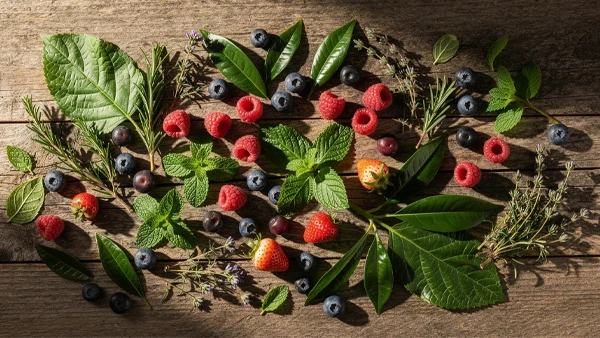 An array of natural botanical ingredients, including vibrant green tea leaves, assorted berries, and fresh herbs, is displayed on a rustic wooden surface, emphasizing their potential benefits for healthy weight management and appetite control. These ingredients are often found in dietary supplements aimed at supporting weight loss journeys and overall metabolic health.
